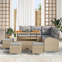 Set Divano da Giardino 9 Pezzi con Cuscini Beige Polyrattan Acacia