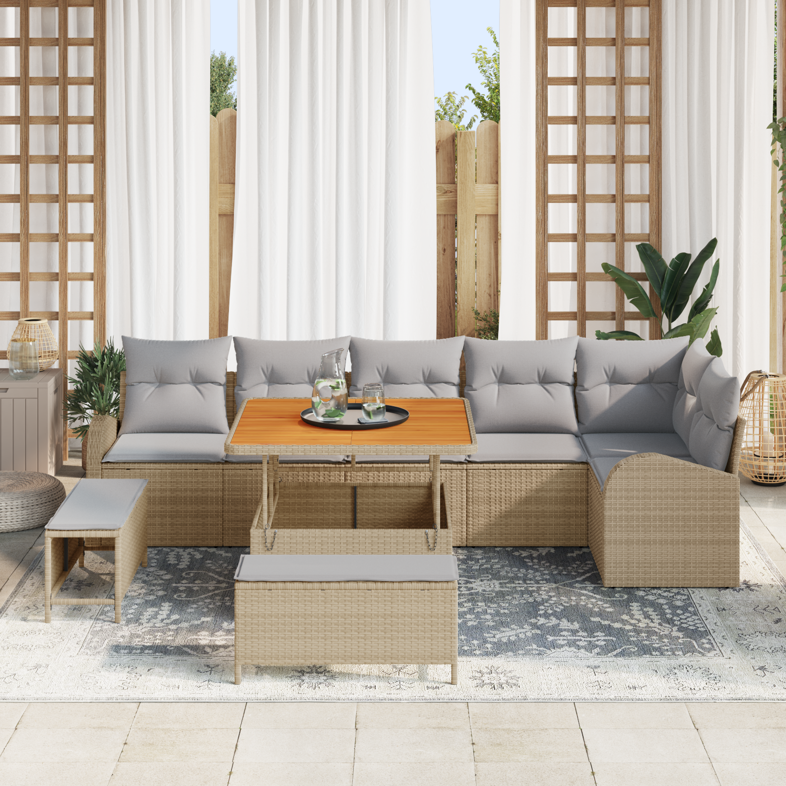 Set divani da giardino  da 9 pezzi con cuscini beige polyrattan acacia