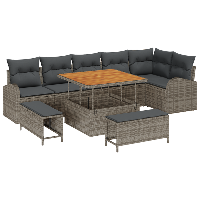 Set Divano da Giardino  9 Pezzi con Cuscini Grigio Polyrattan Acacia