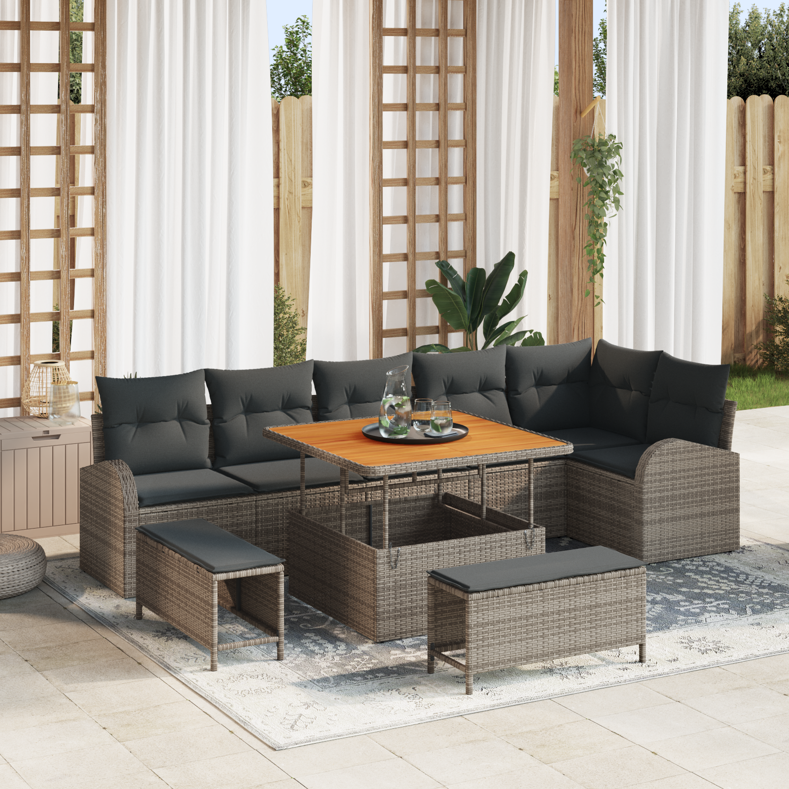 Set Divano da Giardino  9 Pezzi con Cuscini Grigio Polyrattan Acacia