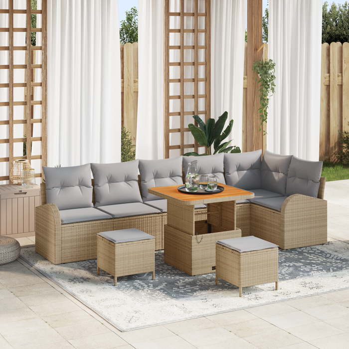 Set di divani da giardino 9 pezzi con cuscini beige in polirattan