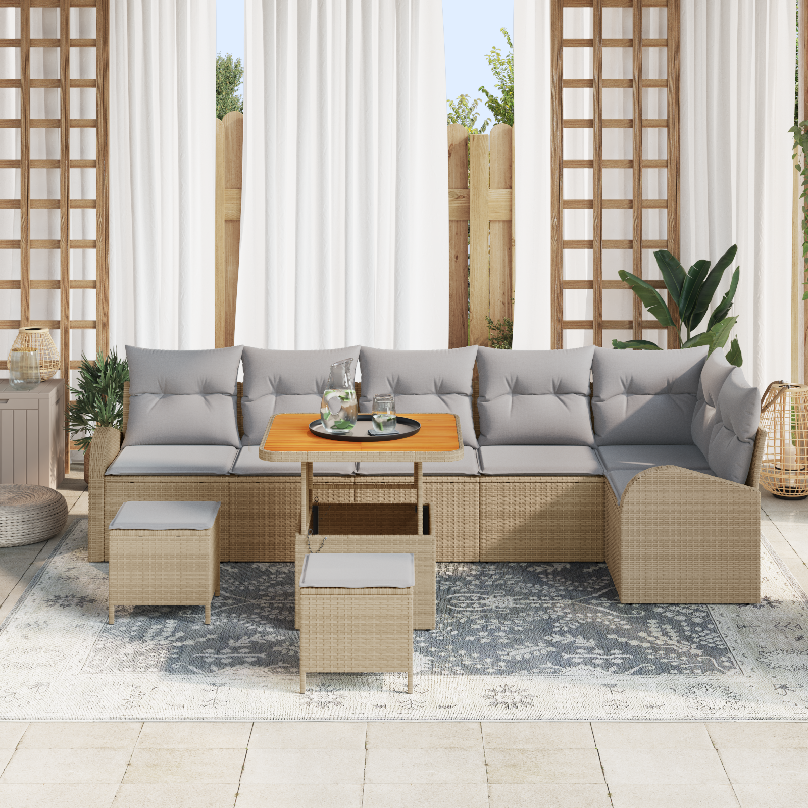 Set di divani da giardino 9 pezzi con cuscini beige in polirattan