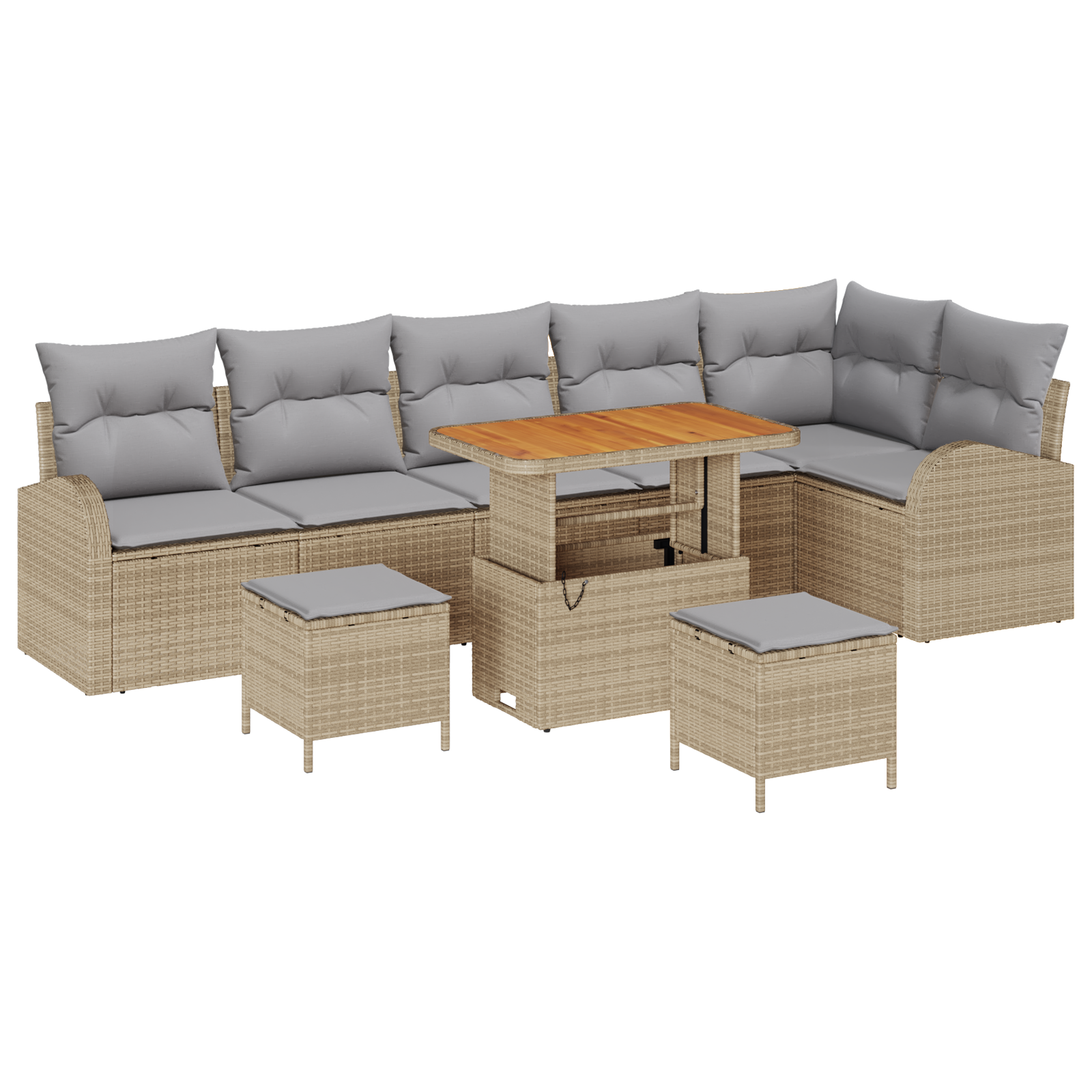 Set divani da giardino 9 pezzi con cuscini beige polirattan acacia