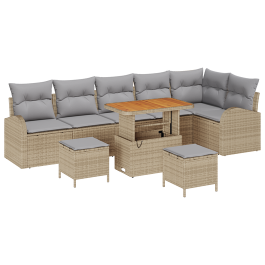 Set divani da giardino 9 pezzi con cuscini beige polirattan acacia
