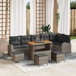 Set Divani Giardino  10 Pezzi con Cuscini Grigio Polyrattan Acacia