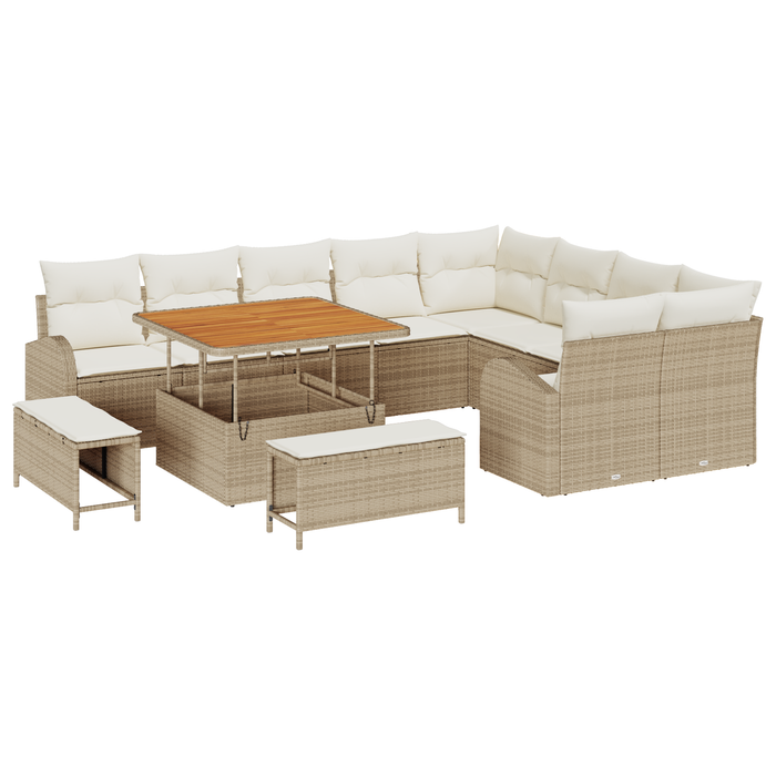 Set di Divani da Giardino da 12 Pezzi con Cuscini Beige Rattan Polietilene Acacia