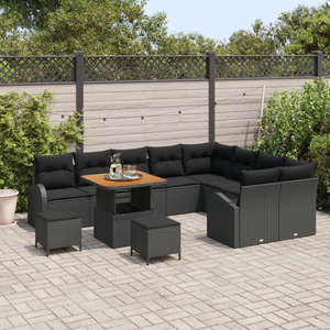 Set di Sofà da Giardino in 12 Pezzi con Cuscini Nero Polyrattan Acacia