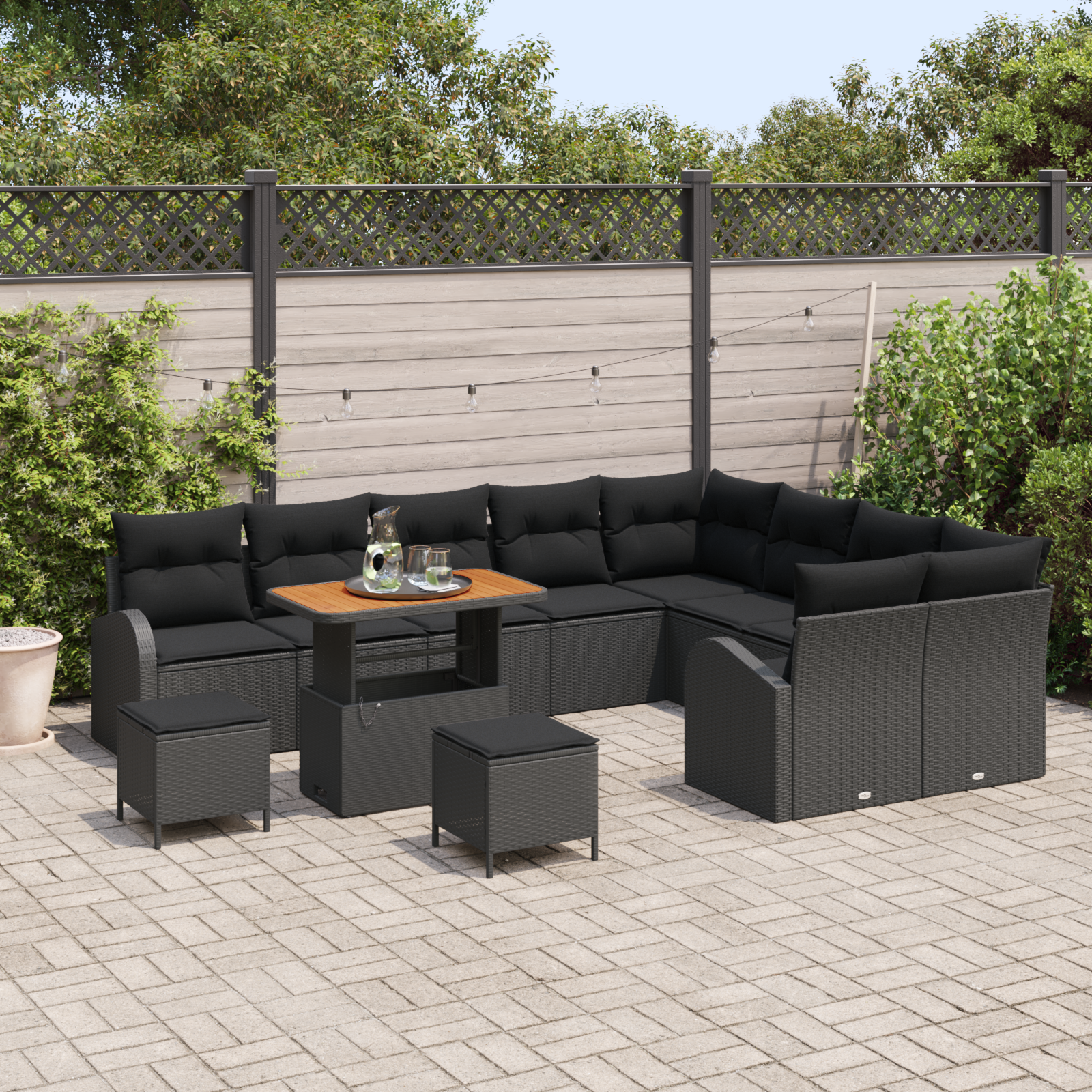 Set Divano Giardino 12 Pezzi con Cuscini Nero Polyrattan Acacia