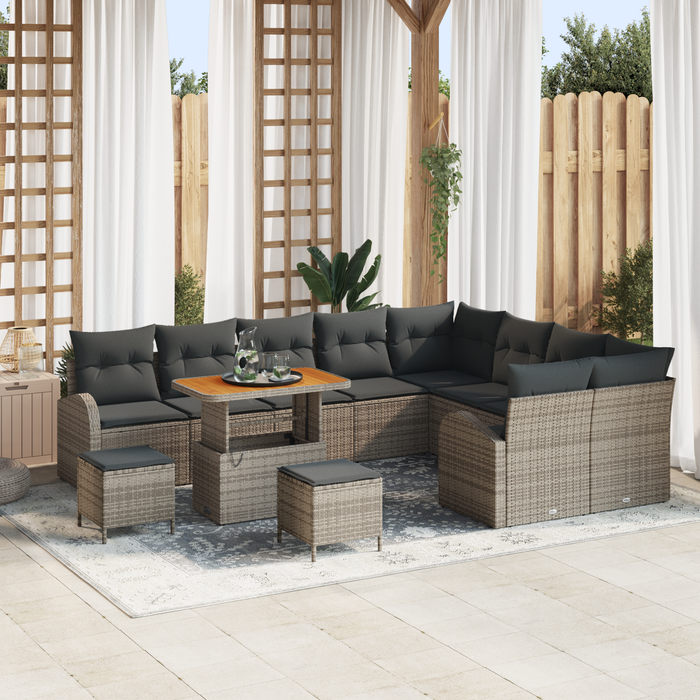Set di Divano da Giardino 12 Pezzi con Cuscini Grigio Poly Rattan Acacia