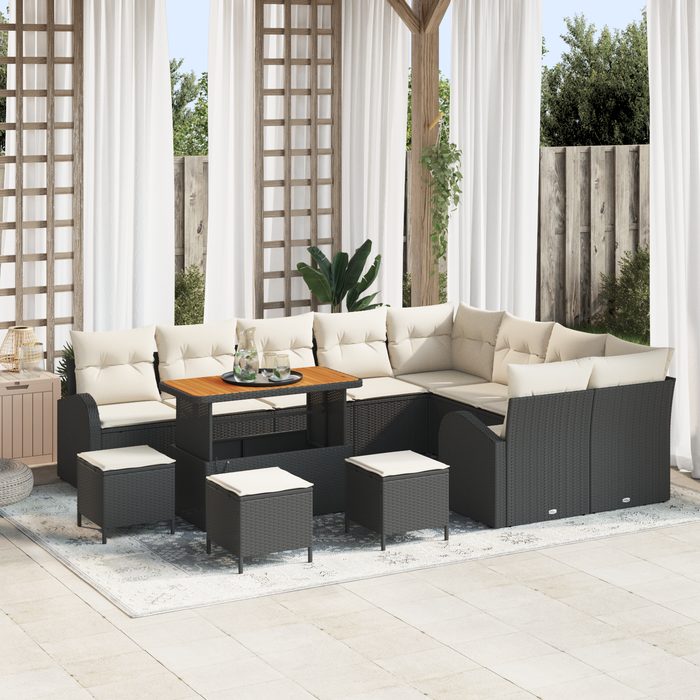 Set Divano da Giardino  13 Pezzi con Cuscini Nero Polirattan Acacia