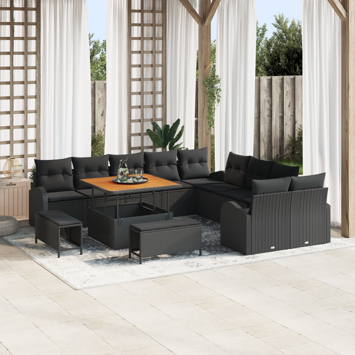 Set di divani da giardino  13 pezzi con cuscini in polirattan nero acacia