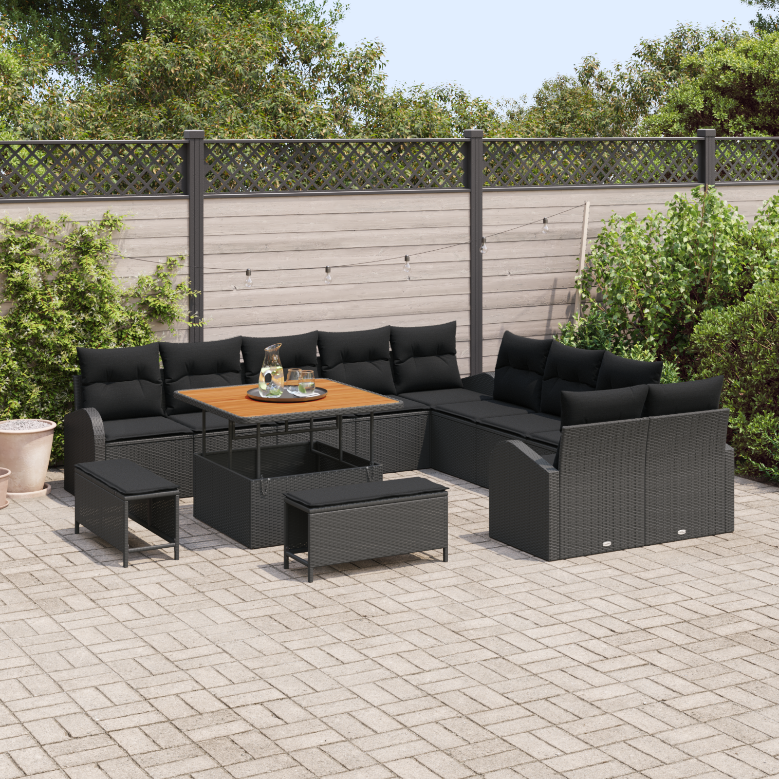 Set di divani da giardino  13 pezzi con cuscini in polirattan nero acacia