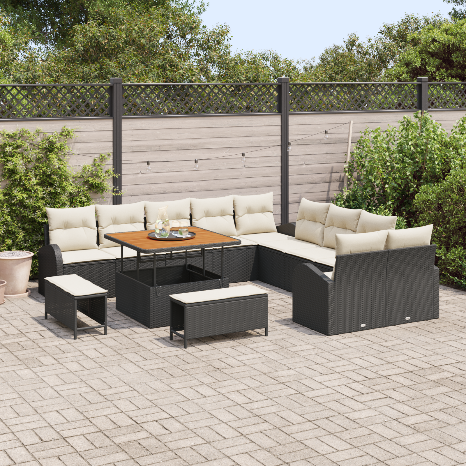 Set Divano da Giardino 13 Pezzi con Cuscini Rattan Polimerico Nero Acacia