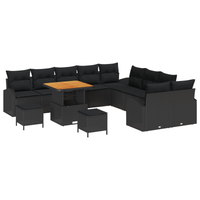 Set di divani da giardino vitaXL da 13 pezzi con cuscini in rattan polietilene nero e acacia