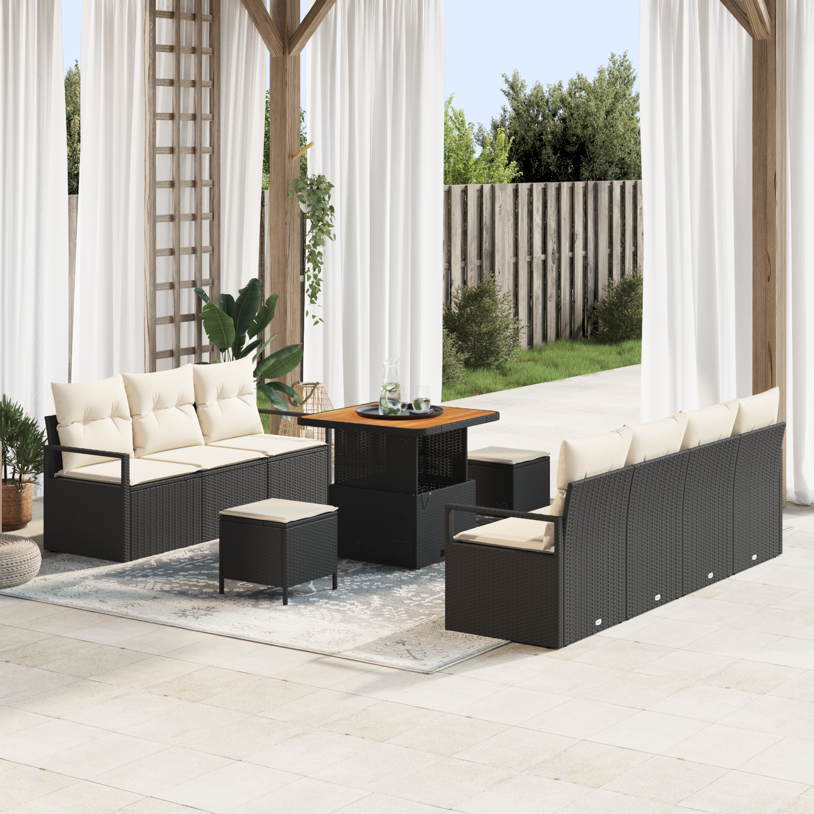 Set Divano da Giardino da 10 Pezzi con Cuscini Rattan Poliestere Nero Acacia