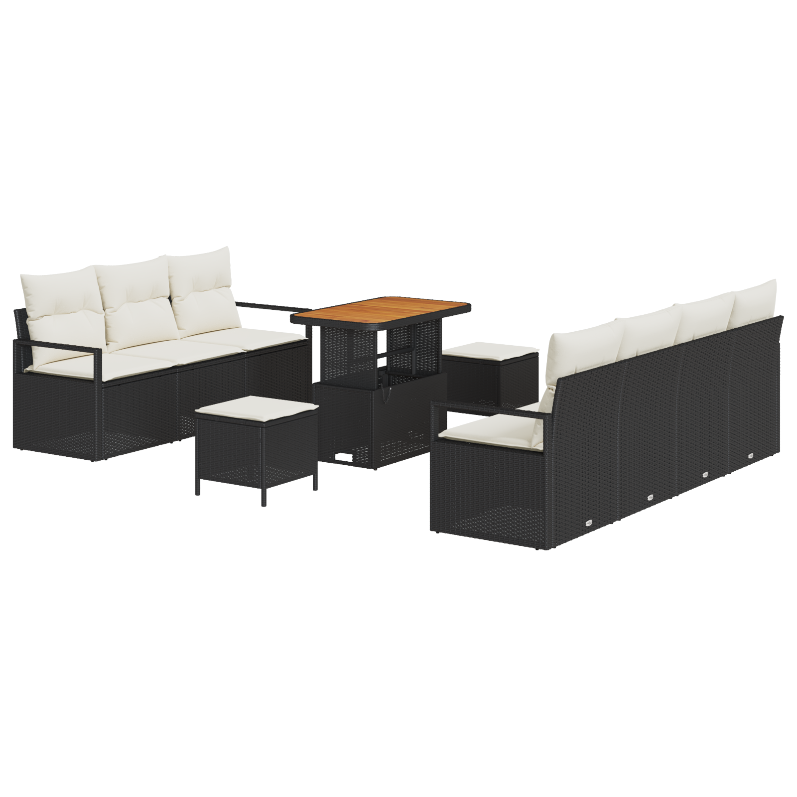 Set da giardino 10 pezzi con cuscini polyrattan nero acacia