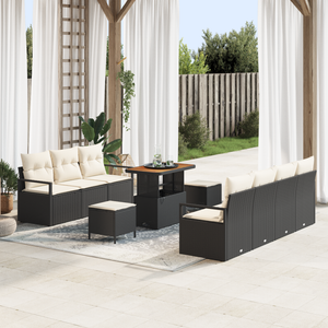 Set da giardino 10 pezzi con cuscini polyrattan nero acacia