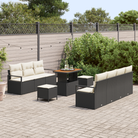 Set da giardino 10 pezzi con cuscini polyrattan nero acacia