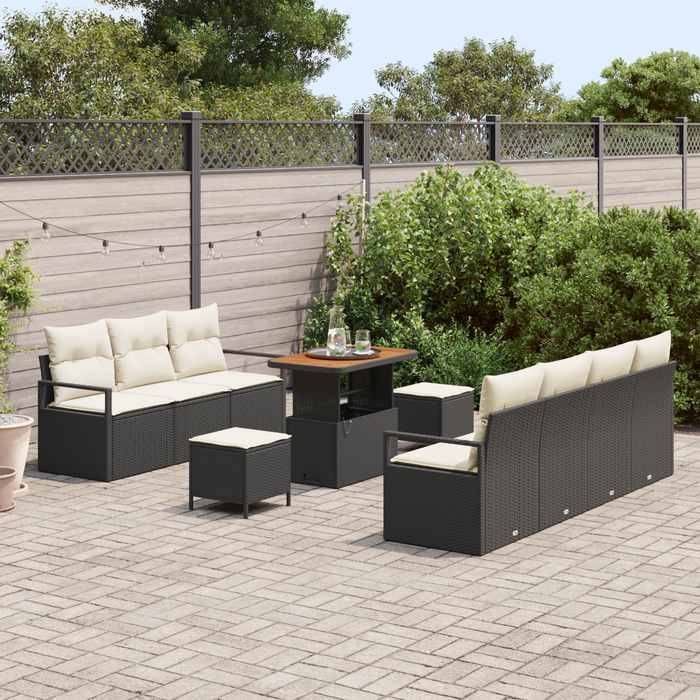 Set da giardino 10 pezzi con cuscini polyrattan nero acacia