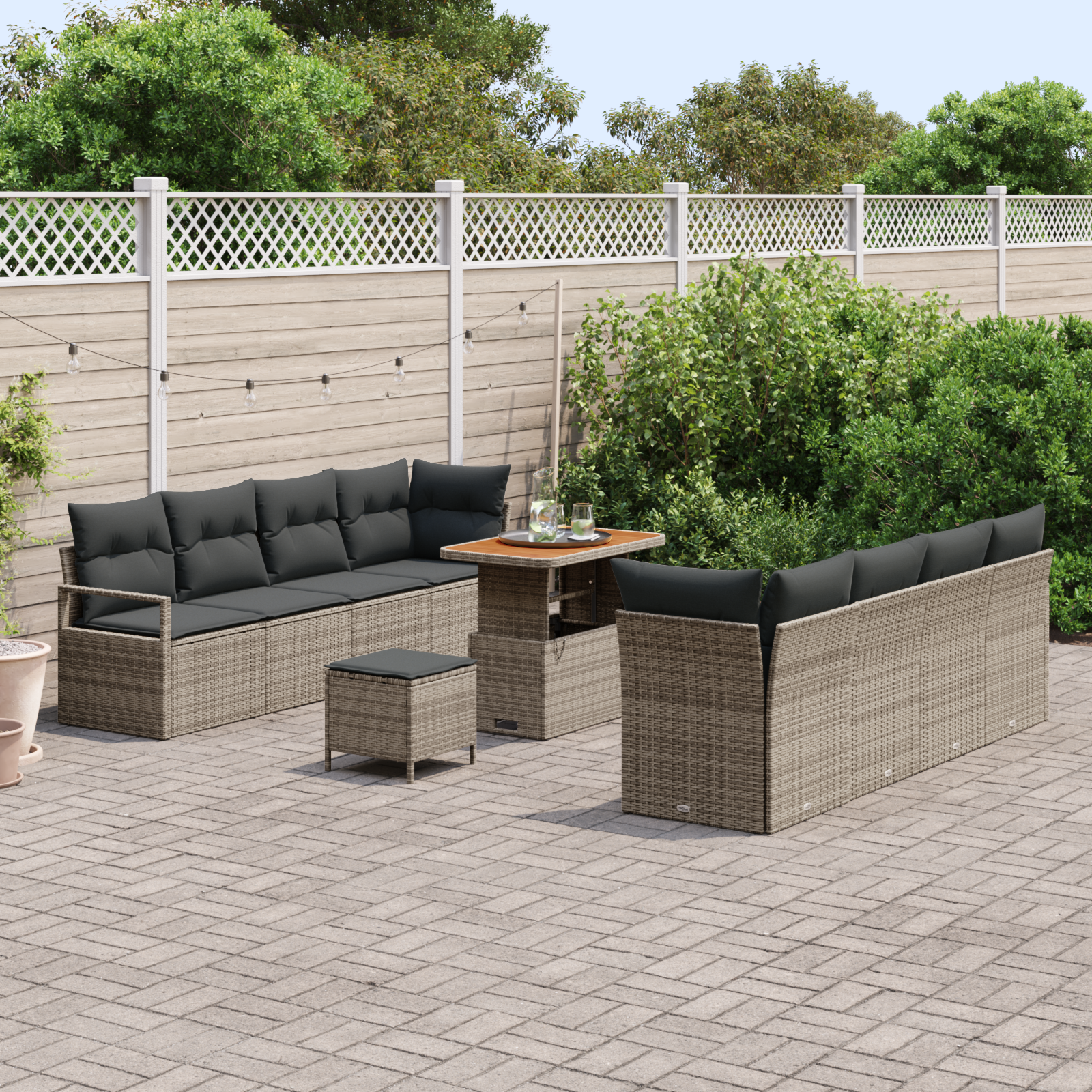 Set da Giardino 11 Pezzi con Cuscini Grigio Poly Rattan Acacia