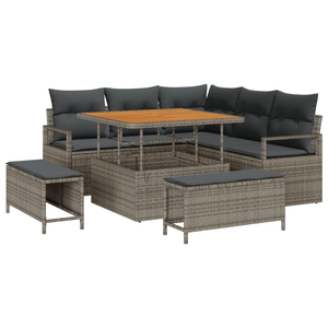Set di Sofà da Giardino 8 Pezzi con Cuscini Grigio Rattan Polimerico Acacia