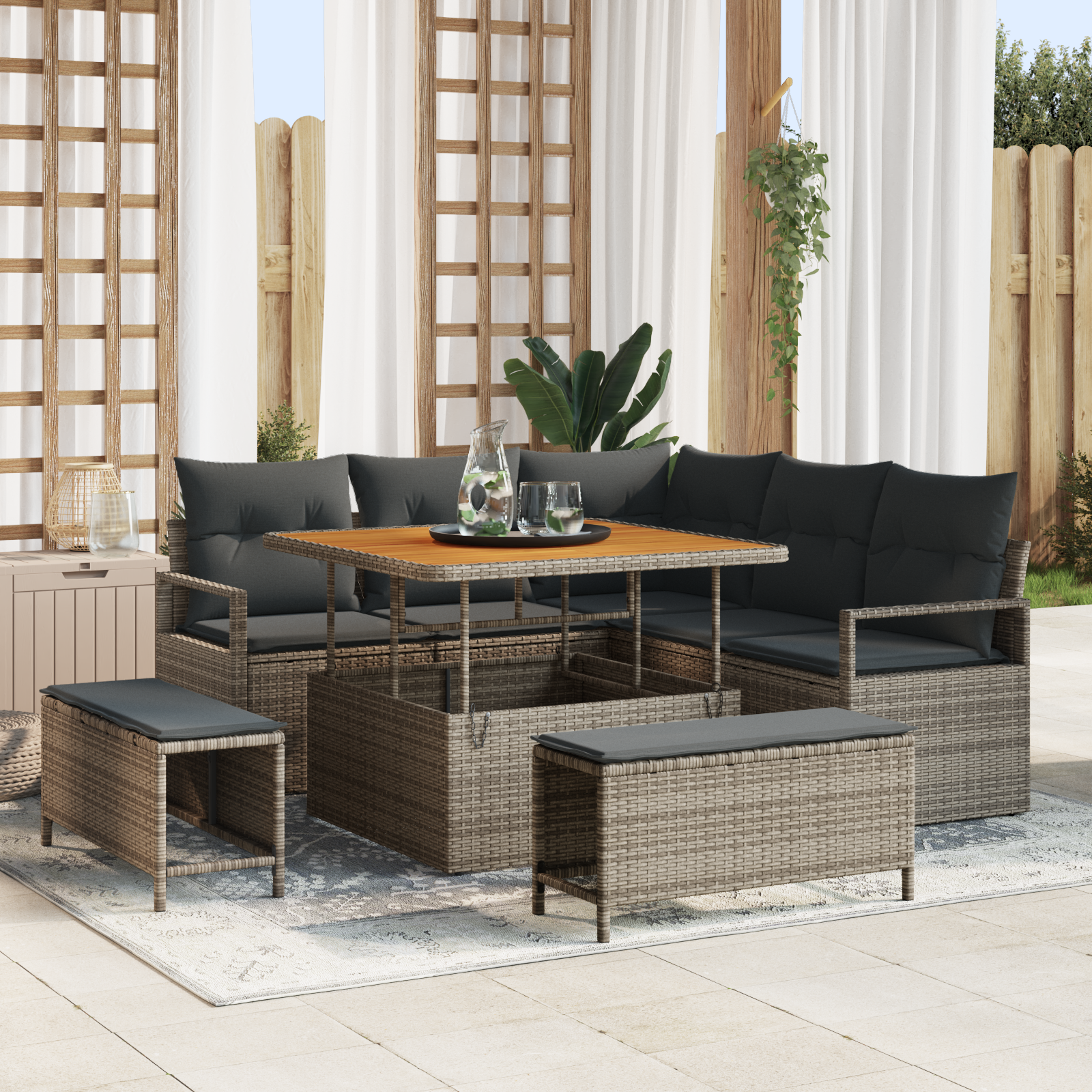 Set di Sofà da Giardino 8 Pezzi con Cuscini Grigio Rattan Polimerico Acacia