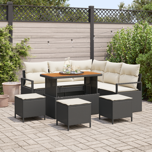 Set Divano da Giardino 9 Pezzi con Cuscini Nero Rattan Sintetico Acacia