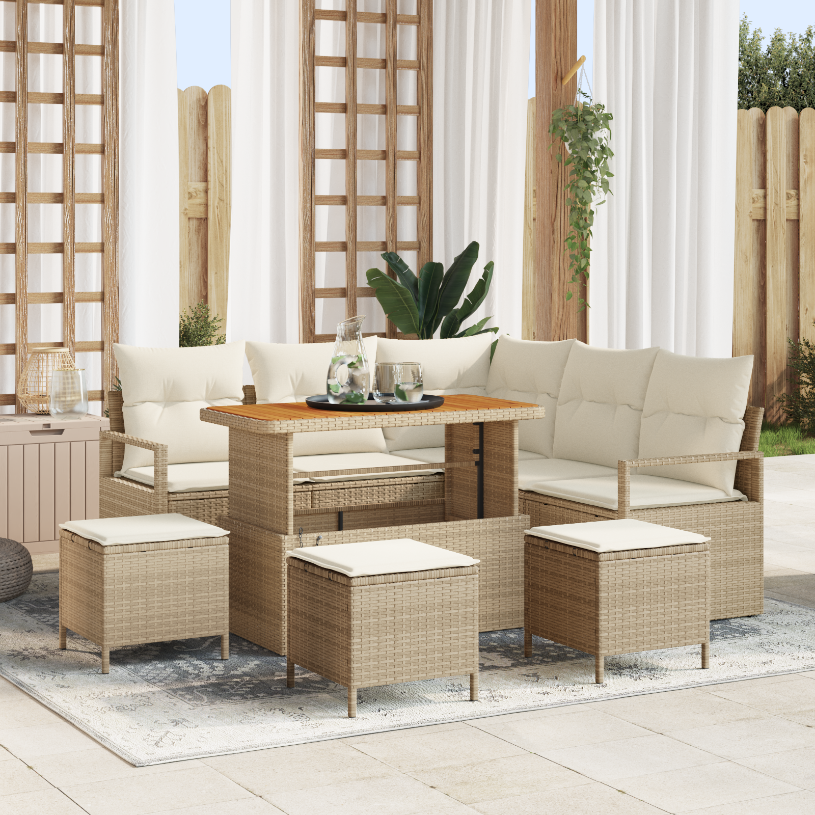 Set Divano da Giardino 9 Pezzi con Cuscini Beige Polyrattan Acacia