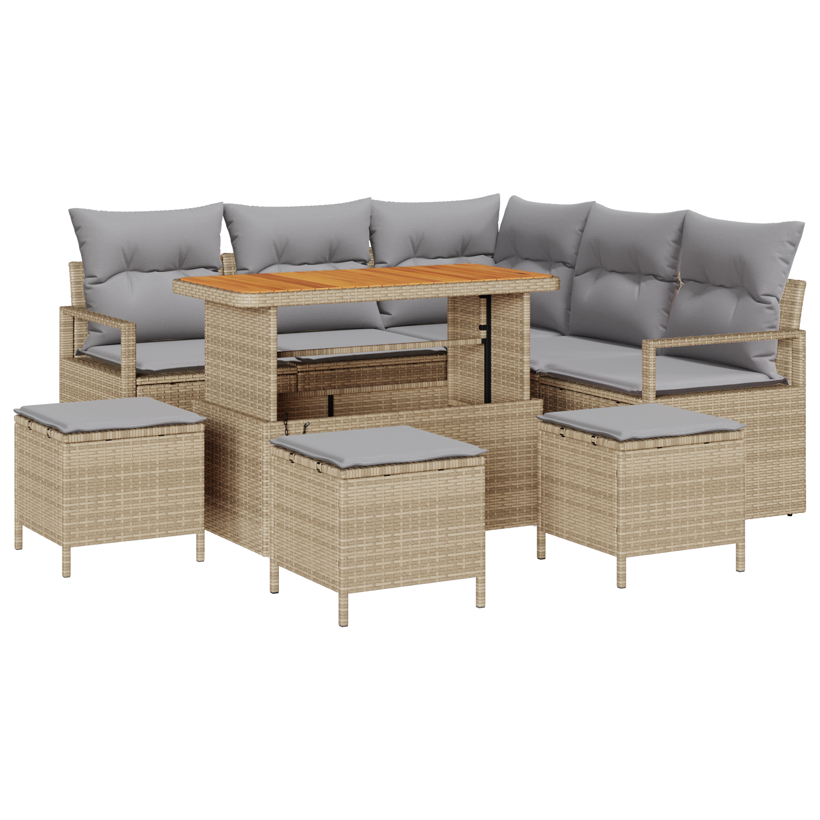 Set Divano da Giardino con Cuscini da 9 Pezzi Rattan Poliestere Beige