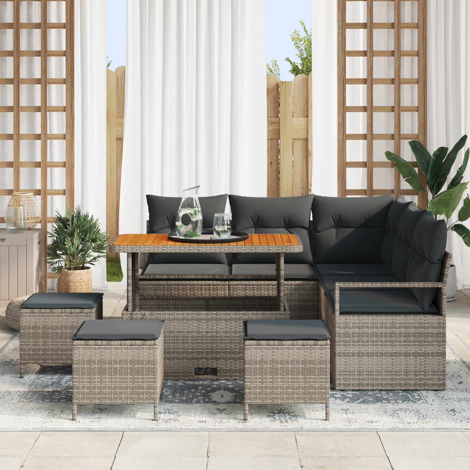 Set di divani da giardino  9 pezzi con cuscini grigio poly rattan acacia