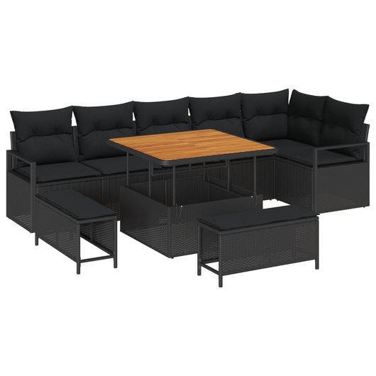 Set Divano da Giardino 9 Pezzi con Cuscini Nero Polirattan Acacia