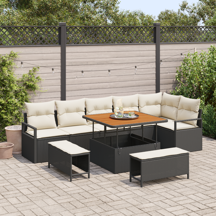 Set Divano da Giardino con 9 Pezzi e Cuscini Nero Polyrattan Acacia