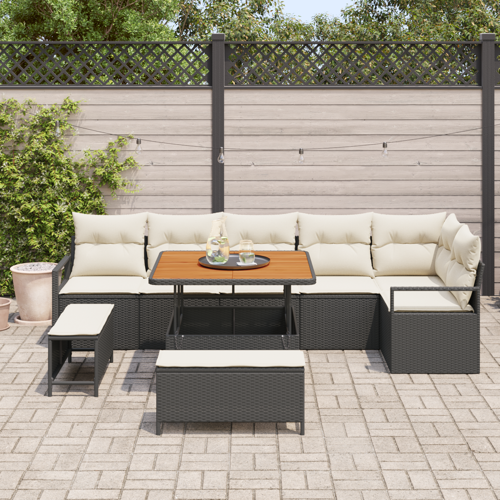 Set Divano da Giardino con 9 Pezzi e Cuscini Nero Polyrattan Acacia