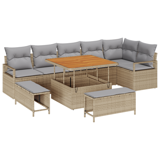 Set di Divano da Giardino  9 Pezzi con Cuscini Beige Polyrattan Acacia