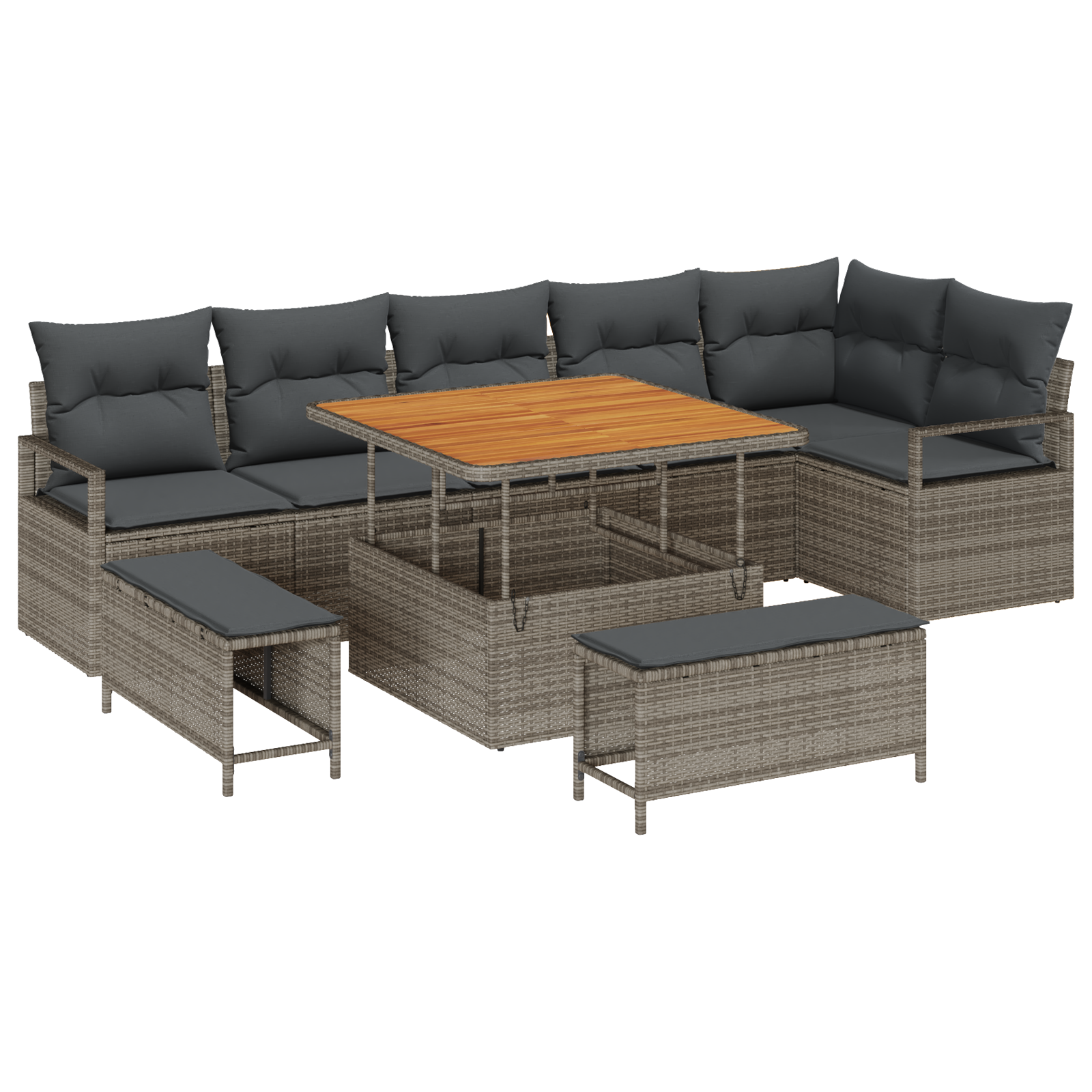 Set Divano da Giardino  in 9 Pezzi con Cuscini Grigio Polirattan Acacia