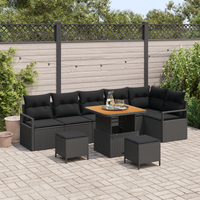 Set di Divano da Giardino con 9 Pezzi e Cuscini Rattan Polietilene Nero Acacia