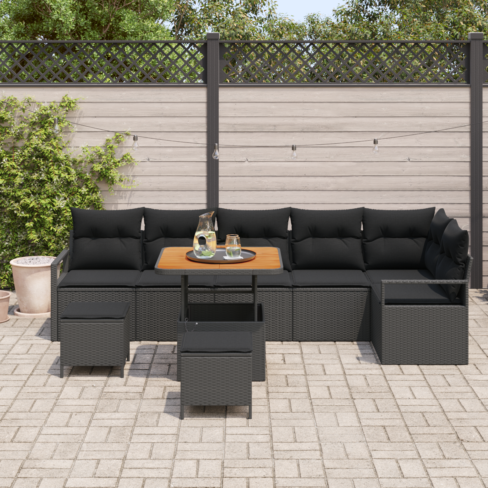Set di Divano da Giardino con 9 Pezzi e Cuscini Rattan Polietilene Nero Acacia