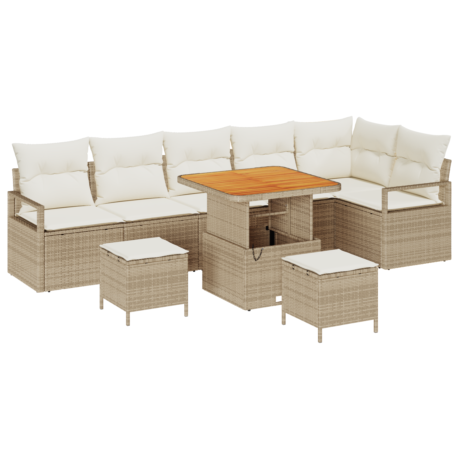 Set Divano da Giardino 9 Pezzi con Cuscini Beige Polyrattan Acacia