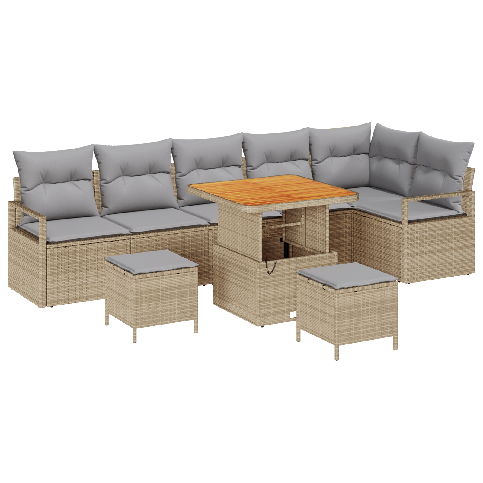 Set di Divani da Giardino 9 Pezzi con Cuscini Beige Polirattan Acacia