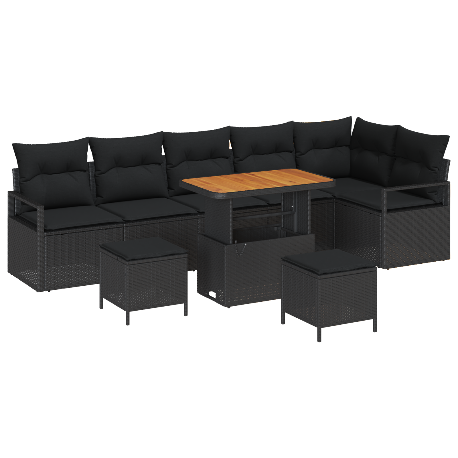 Set Divano da Giardino A 9 Pezzi Con Cuscini Rattan Polimerico Nero Acacia