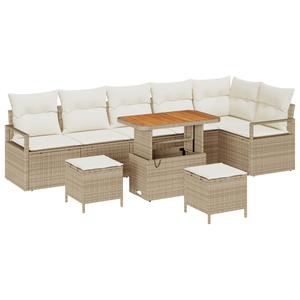 Set da Giardino 9 Pezzi con Cuscini Beige Poly Rattan Acacia