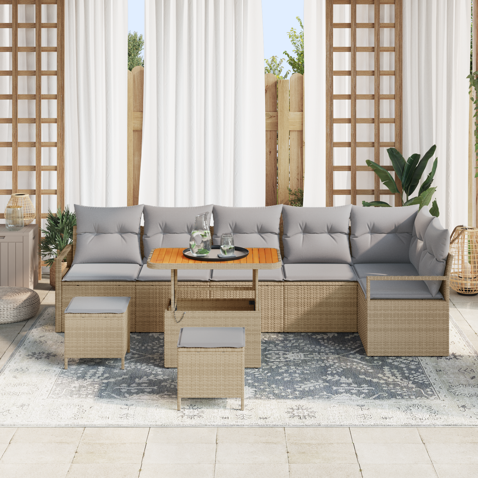 Set Divano da Giardino 9 Pezzi con Cuscini Rattan Beige Polipropilene