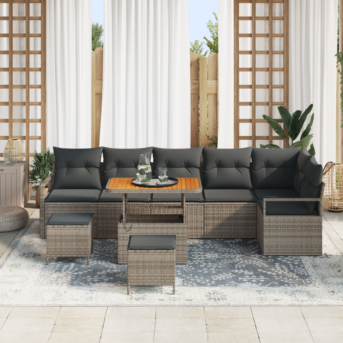 Set di 9 pezzi divano da giardino con cuscini grigio polyrattan acacia