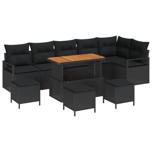 Set Divano da Giardino da 10 Pezzi con Cuscini Nero Polyrattan Acacia