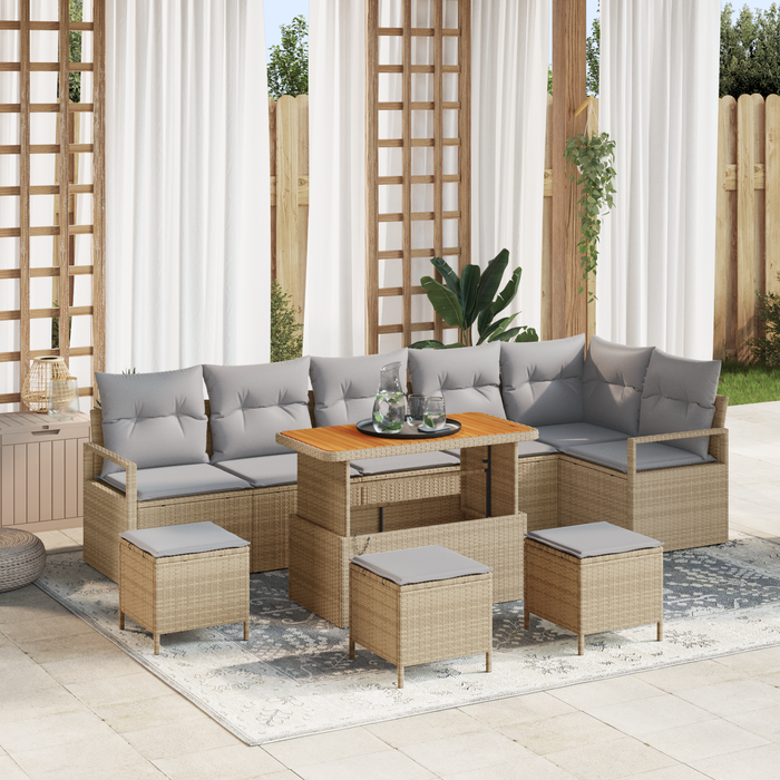 Set divano da giardino 10 pezzi con cuscini Beige Polirattan Acacia
