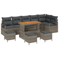 Set da giardino 10 pezzi con cuscini Grigio Polirattan Acacia