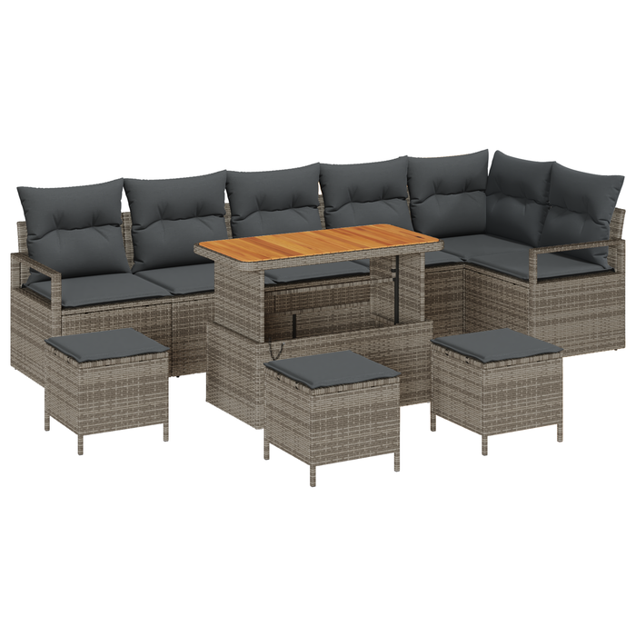 Set da giardino 10 pezzi con cuscini Grigio Polirattan Acacia