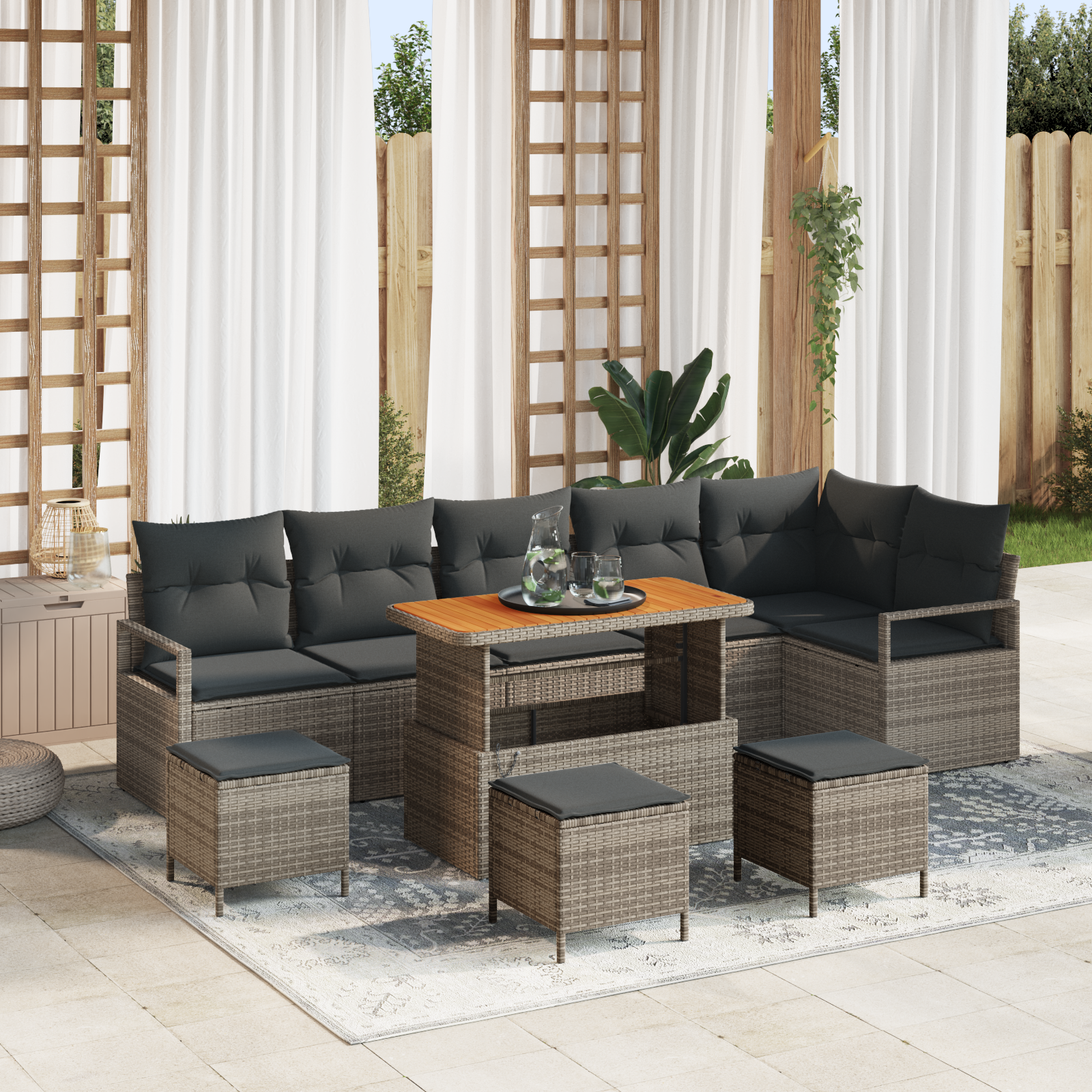 Set da giardino 10 pezzi con cuscini Grigio Polirattan Acacia