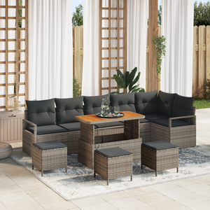 Set da giardino 10 pezzi con cuscini Grigio Polirattan Acacia