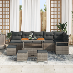 Set da giardino 10 pezzi con cuscini Grigio Polirattan Acacia